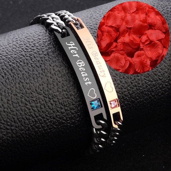 Beauty & Beast Armband Set + Rozenblaadjes = Valentijn Cadeautje voor Hem en Haar - Valentijnsdag voor Mannen Cadeau Kadootjes