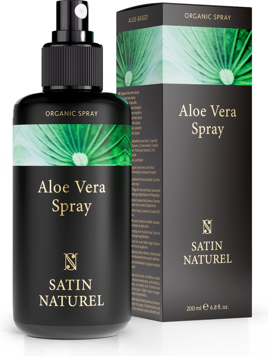 Satin Naturel Bio Aloë Vera Spray - Huidverzorging goed tegen zonnebrand en als natuurlijke aftersun, Vegan Moisturizer met aloe vera voor vrouwen en mannen, zowel voor gezichtsverzorging als huidverzorging, 200ml