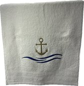 Witte maritime bad handdoek met geborduurd anker en golven Boot Nautical boat watersport met gratis naam -bootnaam