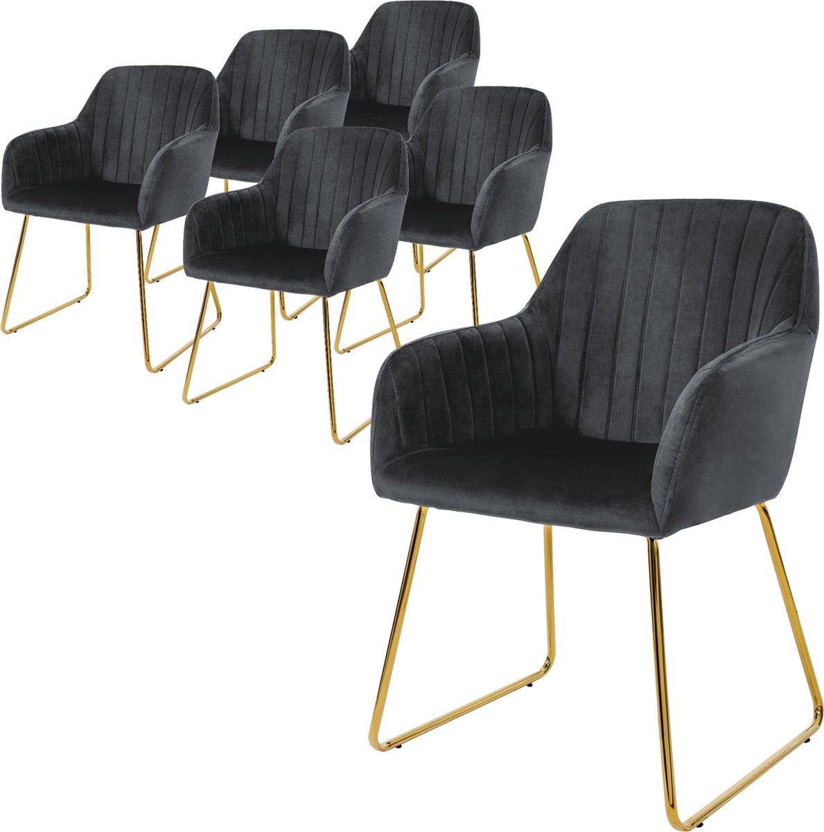 ml-design eetkamerstoelen set van 6, fluwelen zitting, grijs, woonkamerstoel met rugleuning en armleuningen, keukenstoel met gouden poten, gestoffeerde stoel met metalen frame, ergonomische armstoel