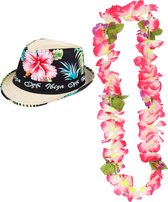 Ensemble d'habillage de party à thème Hawaï - Chapeau de paille Trilby - couronne de fleurs rose/blanc - Toppers Tropical - pour adultes