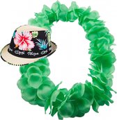 Hawaii thema party verkleedset - Trilby strohoedje - bloemenkrans fluor groen - Tropical toppers - voor volwassenen