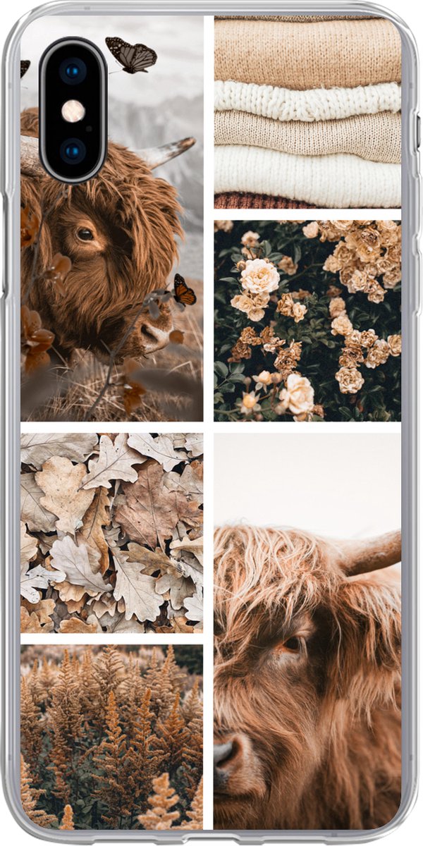 Telefoonhoesje Geschikt voor iPhone Xs hoesje - Schotse hooglander - Collage - Bloemen - Siliconen Telefoonhoesje Telefoonhoesje