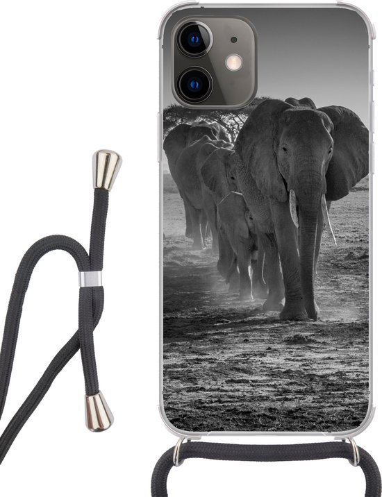 Telefoonhoesje Geschikt voor iPhone 12 - Olifant - Vlakte - Dieren - Zwart - Wit - Siliconen - Crossbody - Backcover met Koord - Telefoonhoesje met koord - Hoesje met touw Telefoonhoesje