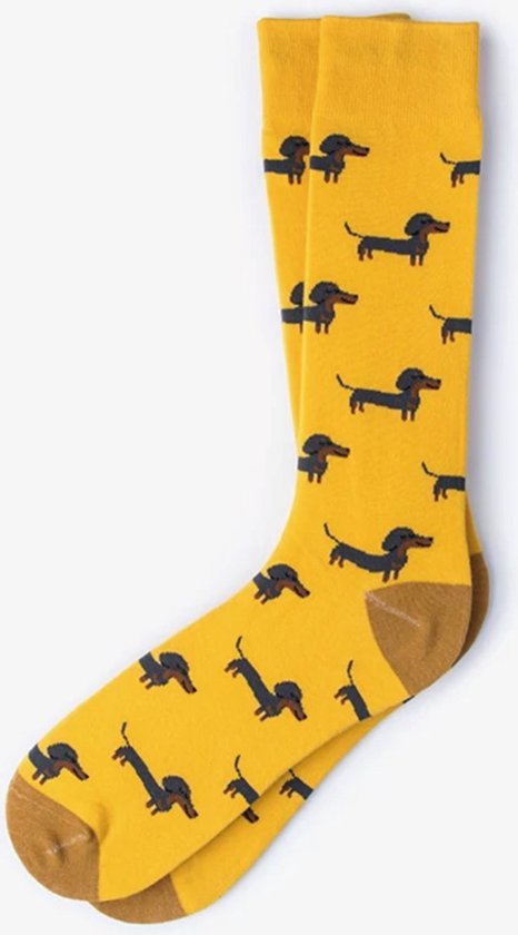 Teckel - sokken - 1 paar sokken - teckelprint - maat37/42 - geel - mosterdgeel - hond - dachshund - teckels - teckelsokken - teckel sokken