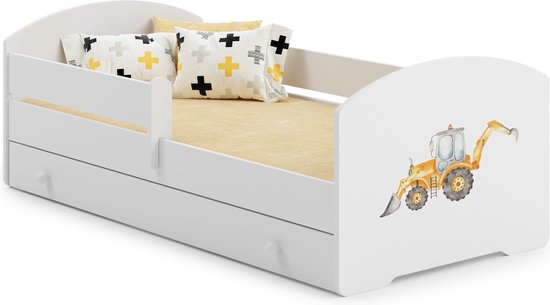 Lit enfant Luk 160x80 avec images d'enfants et tiroir, balustrade, matelas et cadre inclus