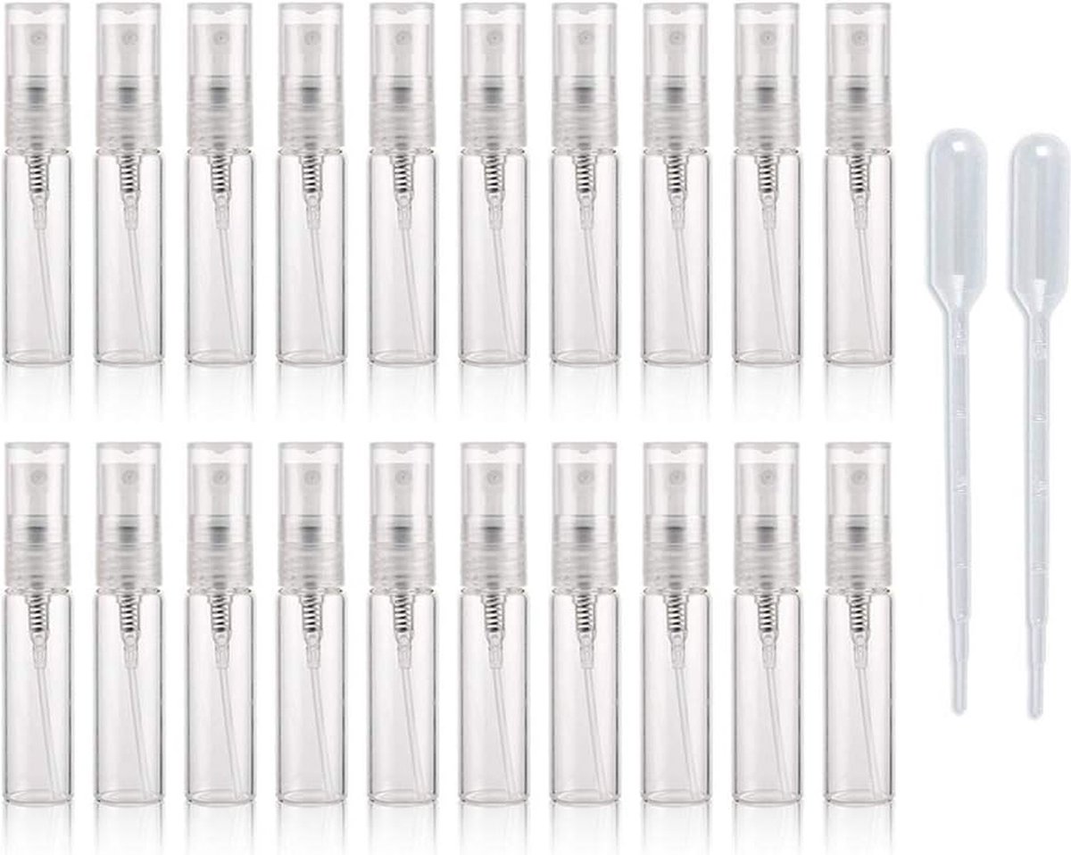 Hervulbare Parfumflessen Set voor Reizen - Draagbare Parfumverstuivers - 20 Stuks - Lekvrije Sluitingen - Duurzaam en Herbruikbaar - Ideaal voor Onderweg - Transparante Kunststof Flesjes - Inclusief Gebruiksaanwijzing