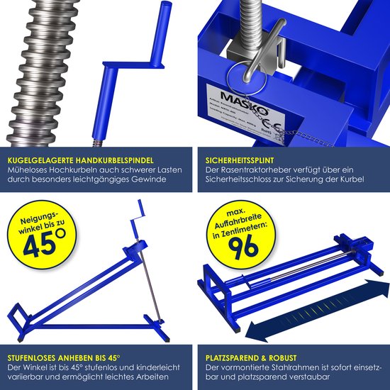 MASKO® Zitmaaierkrik 400kg Lift voor Zitmaaier | Zitmaaierlift Krik Systeem Universeel Grasmaaier | Grasmaaierheffer 45° kanteling verstelbaar Hefbrug Reinigingshulp, Blauw