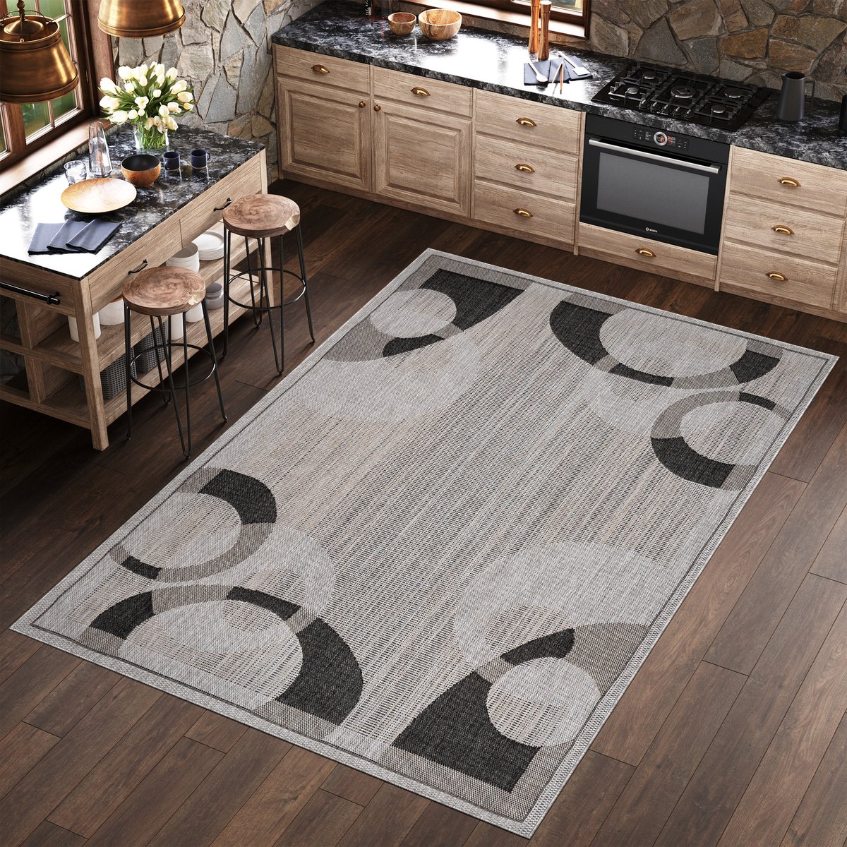 Tapiso Melissa Buitenkleed Buitentapijt Grijs Cirkels Vloerkleed Binnen Buiten Kleed Tapijt Maat- 60x100 Grijs 6