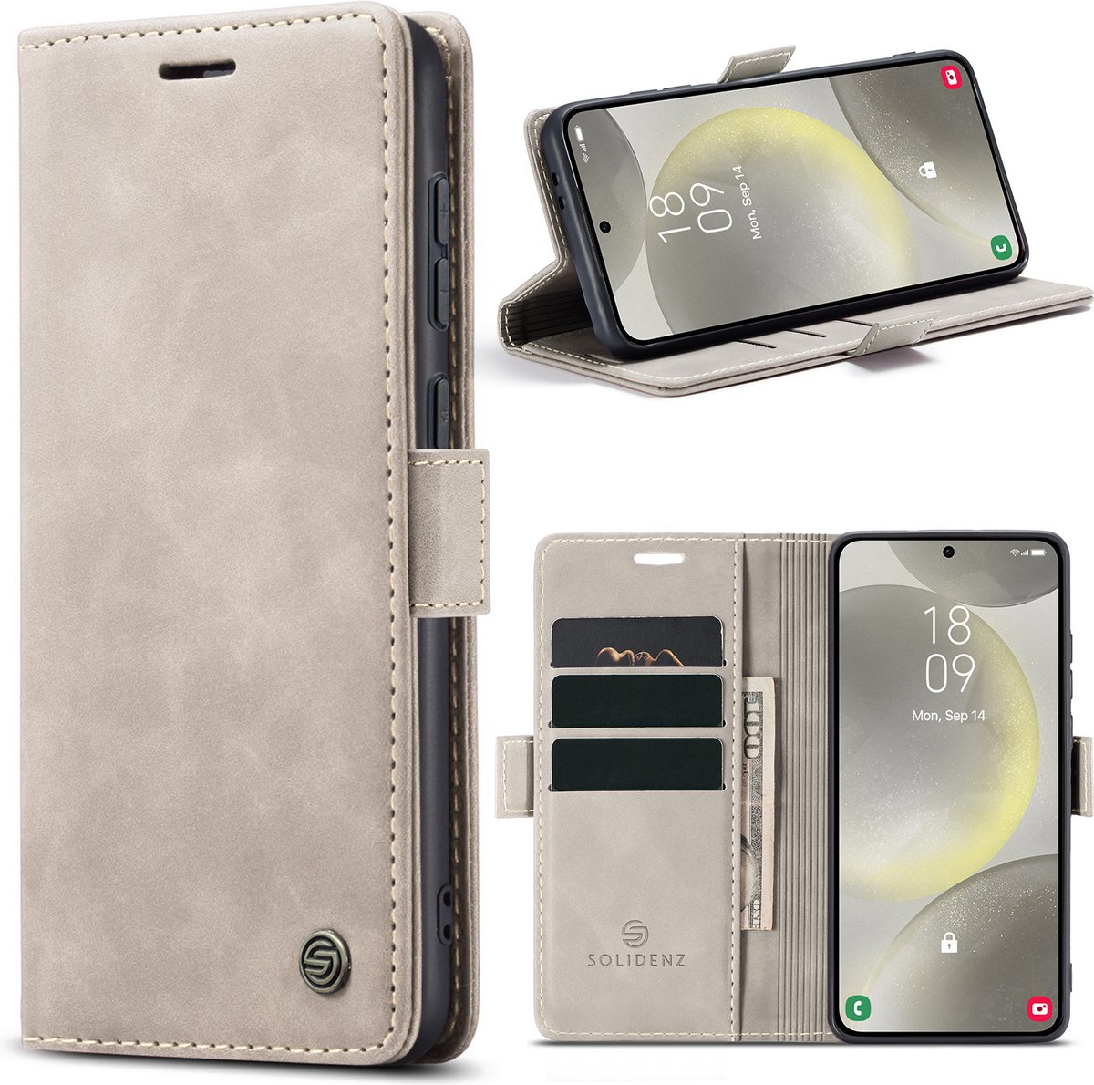 Geschikt voor Samsung Galaxy S24 Plus hoesje - Solidenz Bookcase S24 Plus - Telefoonhoesje S24 Plus met pasjeshouder - Cover Urban Book - Beige