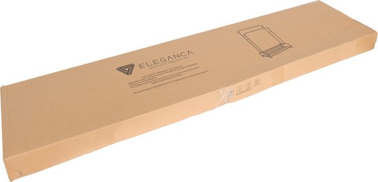 Een lange, platte kartonnen doos met de tekst 'Eleganca Double Rack'.