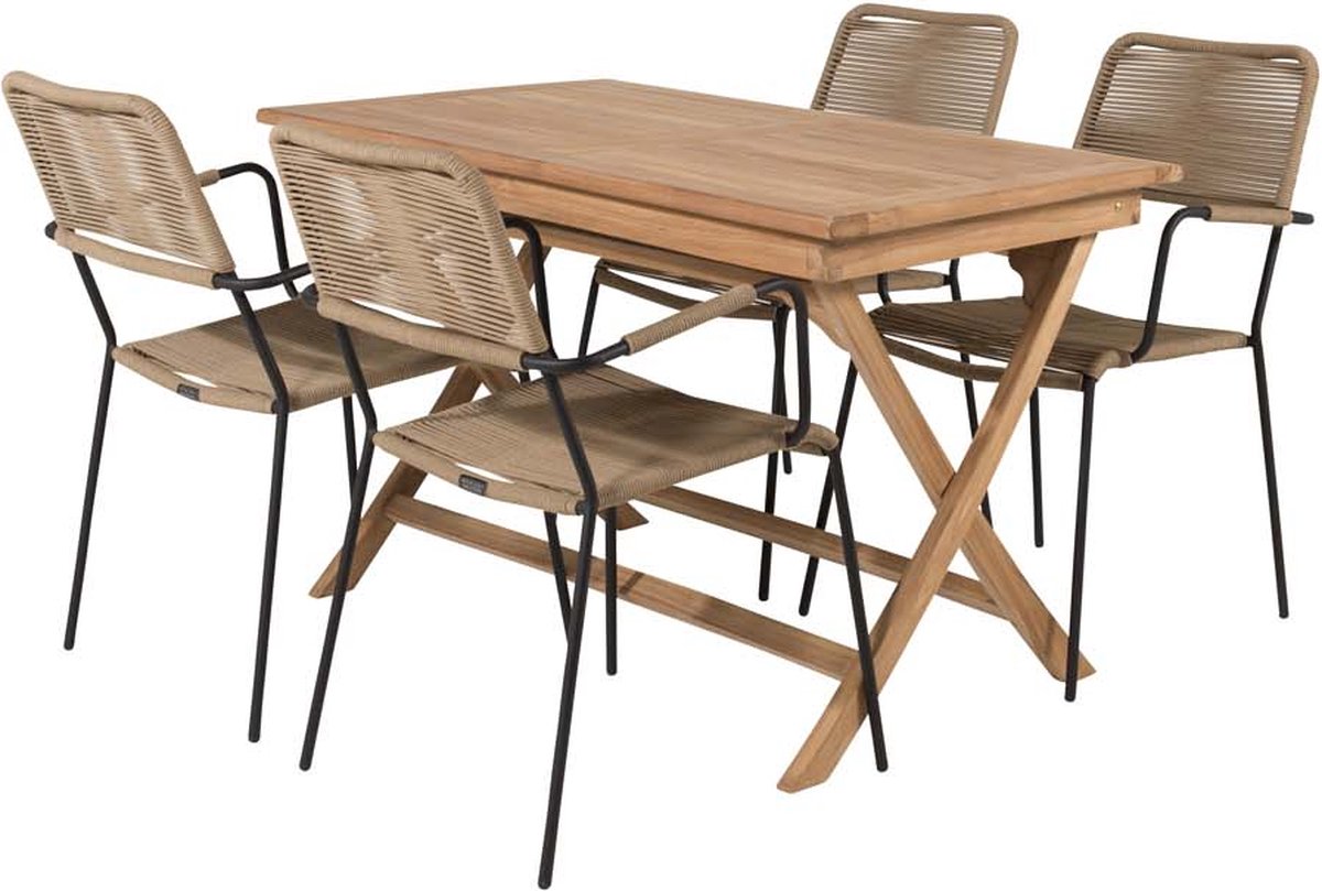 Kenya tuinmeubelset tafel 70x120cm naturel, 4 stoelen Lindos bruin.