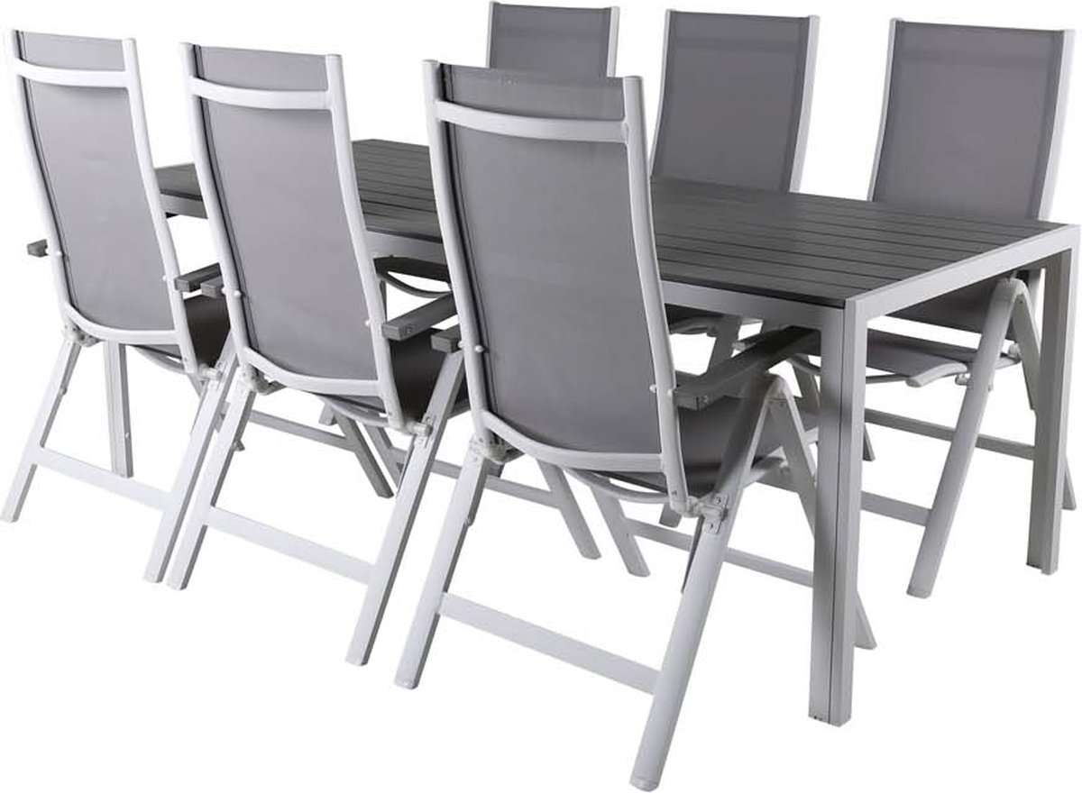 Break tuinmeubelset tafel 90x205cm grijs, 6 stoelen Albany grijs.