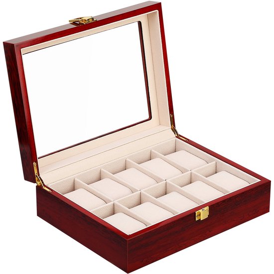 Uten Horlogedoos - Luxe Houten Horloge Box - Geschikt voor Horloges en Sieraden - 10 Compartimenten met 10 Kussentjes - Hout Rood