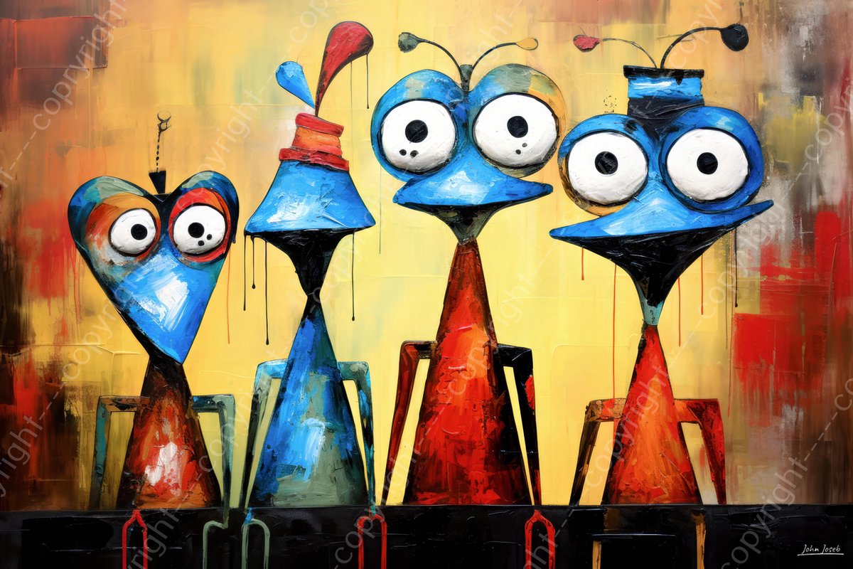 John Joseb Art (Aluminium) 90x60 | Grappige kikkers op een rij, humor, gek, abstract, kunst | dier, bolle ogen, kikker, mens, blauw, geel, rood, grijs, modern | foto-schilderij op dibond, metaal wanddecoratie