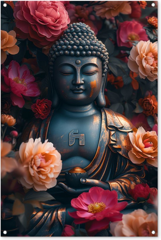 Tuinposter Boeddha - Tuindecoratie Buddha beeld - 80x120 cm - Tuindoek bloemen - Muurdecoratie voor buiten - Schuttingposter - Tuinschilderijen - Tuinwanddecoratie - Tuinposters