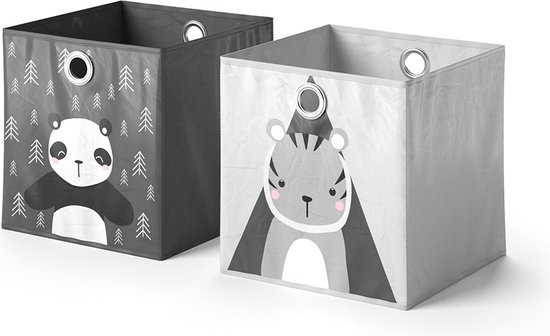 Vicco Boîte Pliante Gris 30x30 Cm Motif Chats & Oiseaux - Lot De 2 Pour Rangement Jouets Enfant