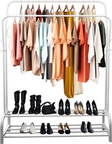 Eleganca Kledingrek XL - H148 x B110 x D33 cm - Extra groot kledingrek op wielen - Kledingstang - Dressboy - Garderoberek met ophanghaken - 8 Ophanghaken en 2 Stangen - Metaal - Wit