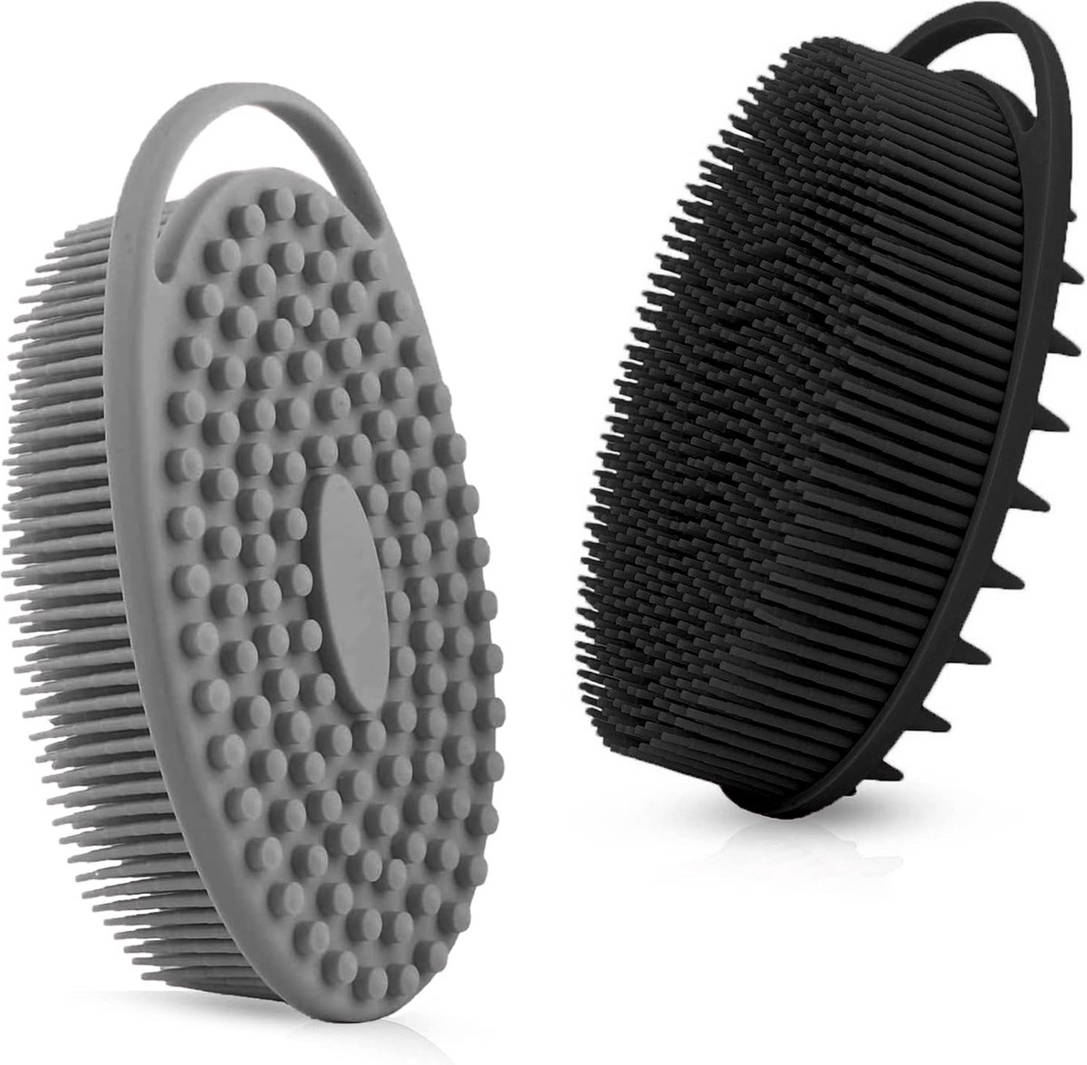 Siliconen Luffa-scrub, siliconen lichaamsschrobber, set van 2, zachte lichaamscrub, badspons, douche-luffa schrobborstel voor gevoelige kinderen, dames, heren, alle huidtypes (zwart en grijs)