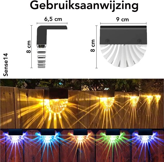 Sense14 – Buitenlamp Dag Nacht Sensor – 4 stuks - Warmlicht – Balkon, Wand of Leuning - Tuinverlichting - RGB-Kleurentuinlamp - Zonne Energie – Buitenlamp met Schemersensor - Sense14