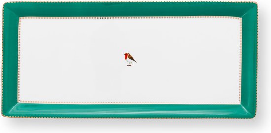 Pip Studio Love Birds Green - cakeschaal - serveerschaal - 33.3x15.5cm - rechthoekige schaal - roodborstje - groen