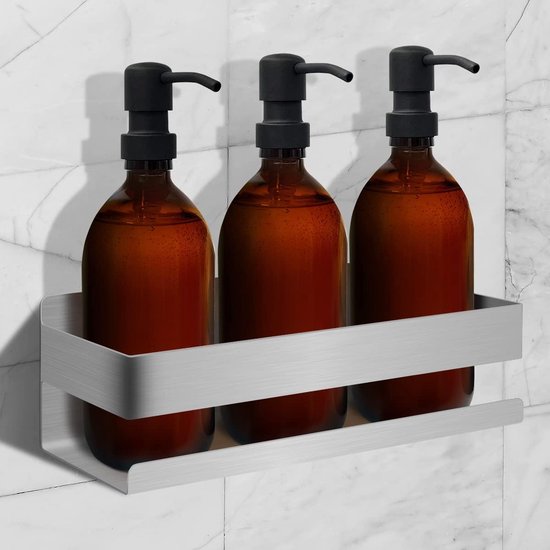 Neodrain Wandnis douche roestvrij stalen douchebak met plank dubbele opslag voor badkamer 45 x 30cm, wit