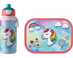 foto van Mepal lunchset Campus – Broodtrommel en Drinkbeker voor kinderen – Bento box – Pop-up drinkfles – Unicorn