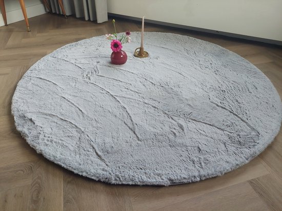 Tapijtdirect - Tapis en fourrure de lapin Grijs - 200 cm rond - 5 couleurs, super doux - salon - chambre à coucher - tapis pour sous le sapin de Noël - ambiance chaleureuse