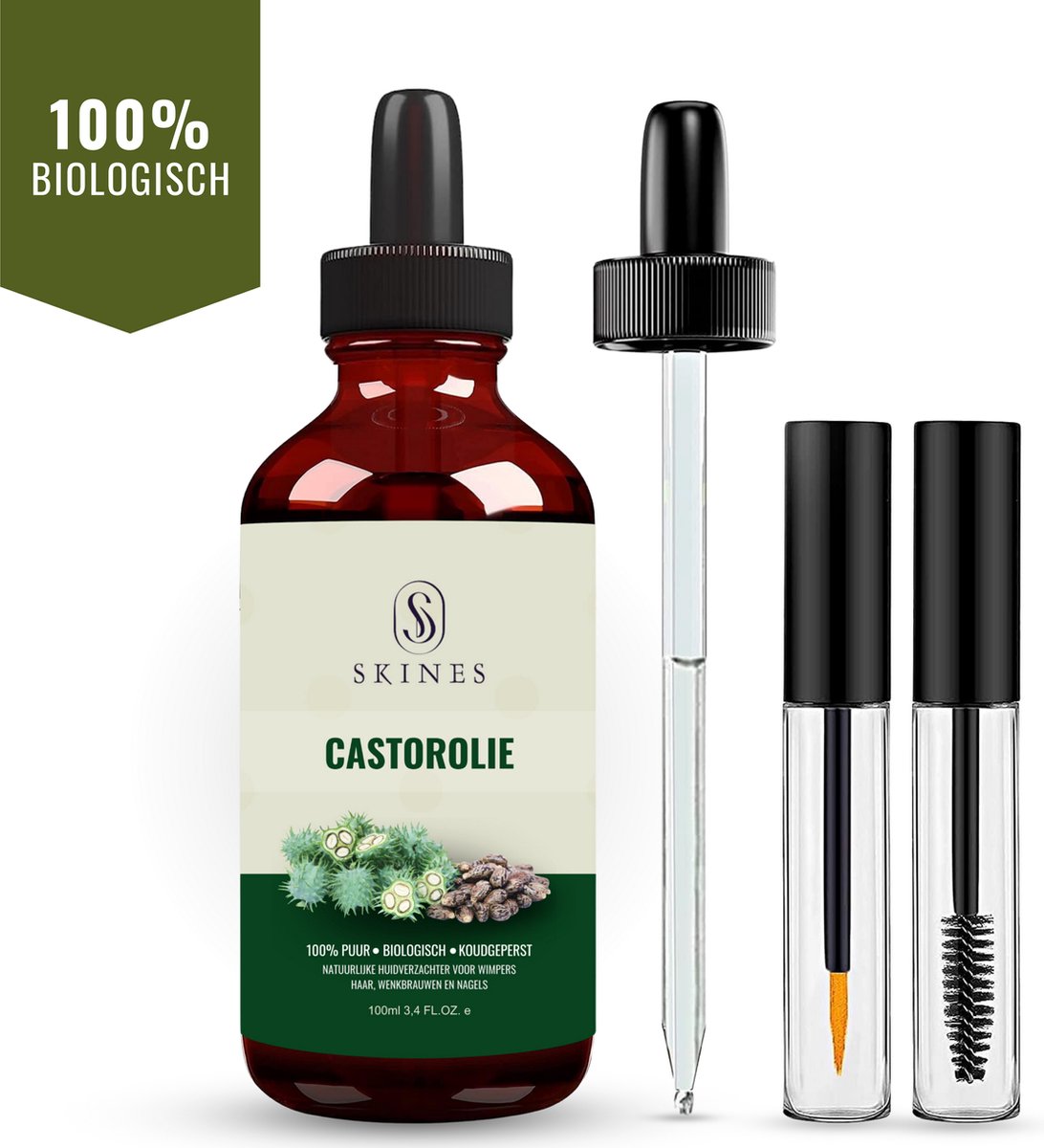 Skines® Castor Olie Bio - 100% Biologisch, Puur & Koudgeperst - Bio Oil - 100ml - Voor Haar, Huid, Wimpers & Nagelverzorging - Wonderolie - Skines