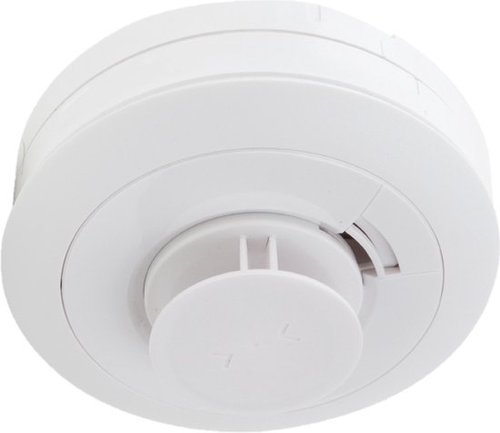 Witte Ei Electronics rookmelder met een drukknop in het midden en een zilveren ring eromheen.