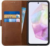Rosso Deluxe Echt Leer Book Case Hoesje Geschikt voor Samsung Galaxy A35 | Ruimte voor drie pasjes | Portemonnee Book Case | Met Pasjeshouder | Bruin