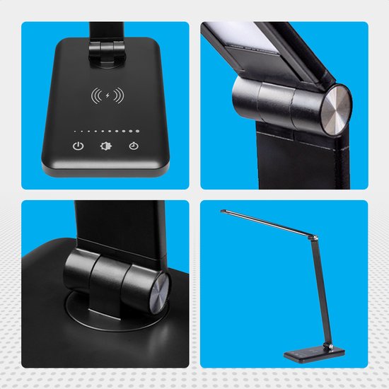 Gedetailleerde opnamen van de zwarte Auronic bureaulamp: basis met touchknoppen, scharnier en lamp.