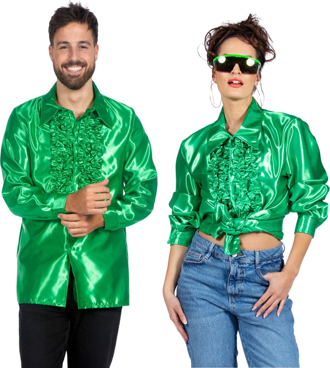 Ruchesblouse satijn groen Kevin - Maat 50
