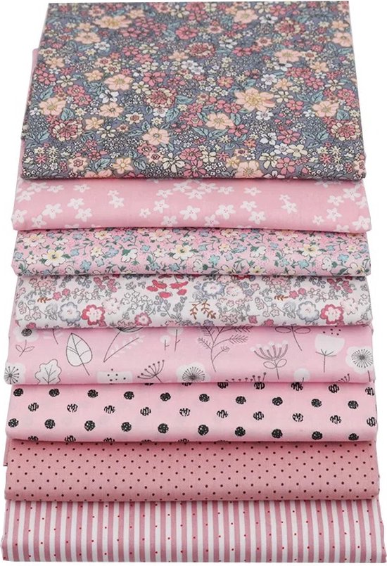 Pakket van 8 lapjes stof - verschillende designs - oud roze - roze - 20 x 25 cm - quilt - patchwork - poppen kleertjes