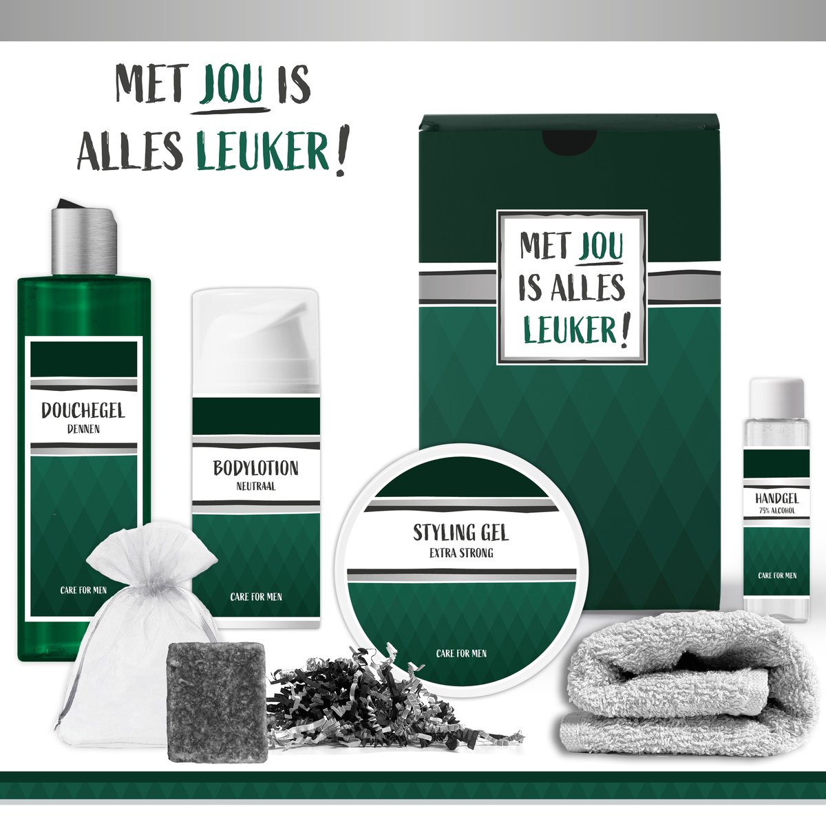 Goedkoopste Geschenkset Met jou is alles leuker! - 6 Producten - 665 Gram | Giftset voor hem - Luxe cadeaubox man - Douchegel Dennen - Cadeautje Vaderdag - Cadeau Verjaardag - Wellness Pakket Deluxe - Cadeaupakket Vader - Opa - Broer - Vriend - Collega - Groen