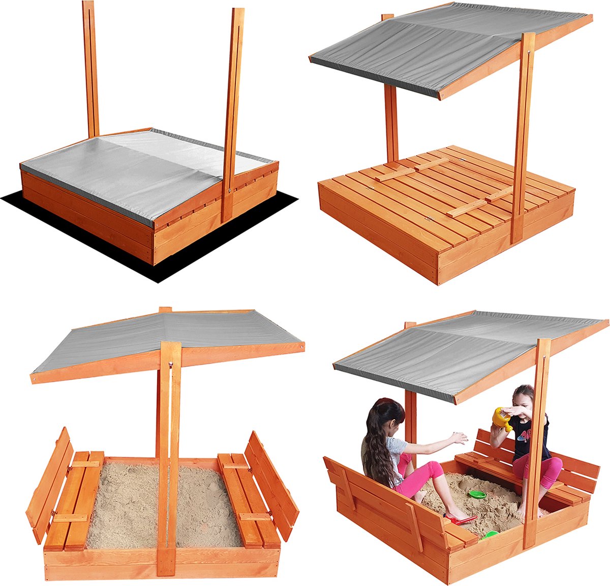 Afsluitbare XL Zandbak met Dak 140x140 cm – Gecertificeerd & Geïmpregneerd Hout | Incl. AFDEKZEIL, GRONDDOEK & Montagevideo | Voor 2-3 Kinderen | Grijs — afbeelding 10