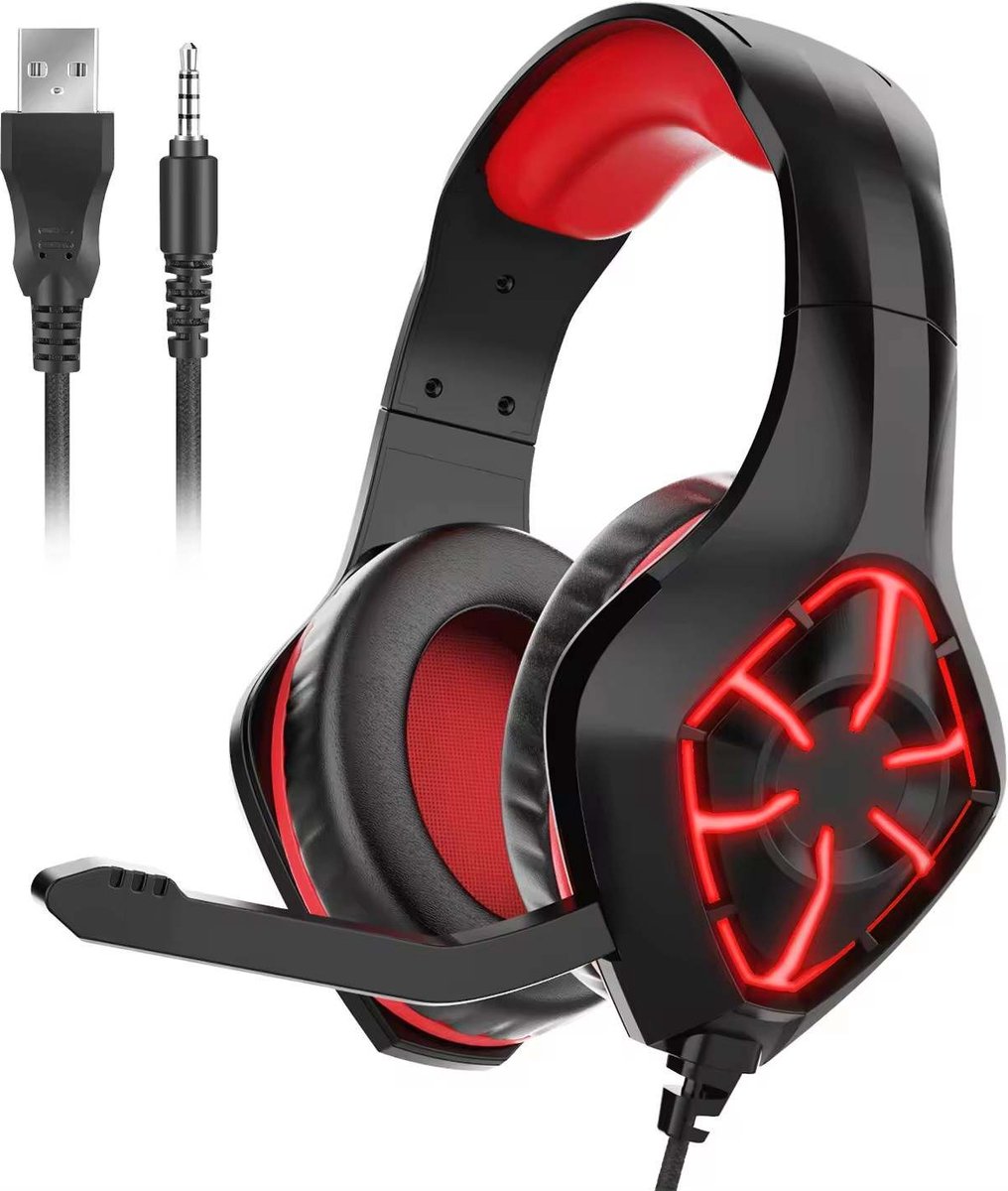 RyC Toys Gaming Headset met Microfoon -zwart/rood - 2 meter kabel | Over-Ear Hoofdtelefoon| Ruisonderdrukking, Surround Sound, LED-licht - PC, PS4, PS5