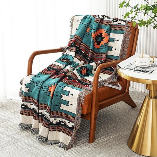 Boho-deken, bankdeken met kwastje, Azteekse etnische stijl, omkeerbare deken, bankdeken, sprei, voor thuis, kantoor, reizen, kamperen (180 x 260 cm, bosgroen)