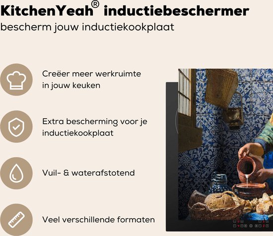 KitchenYeah® Inductie beschermer 60x52 cm - Melkmeisje - Delfts Blauw - Vermeer - Schilderij - Oude meesters - Kookplaataccessoires - Afdekplaat voor kookplaat - Inductiebeschermer - Inductiemat - Inductieplaat mat