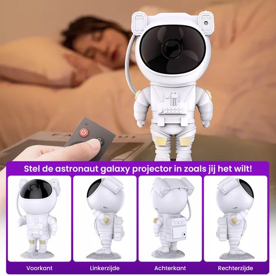 Vier aanzichten van een witte astronaut projector: voorkant, linkerzijde, achterkant en rechterzijde. Een vrouw slaapt op de achtergrond.