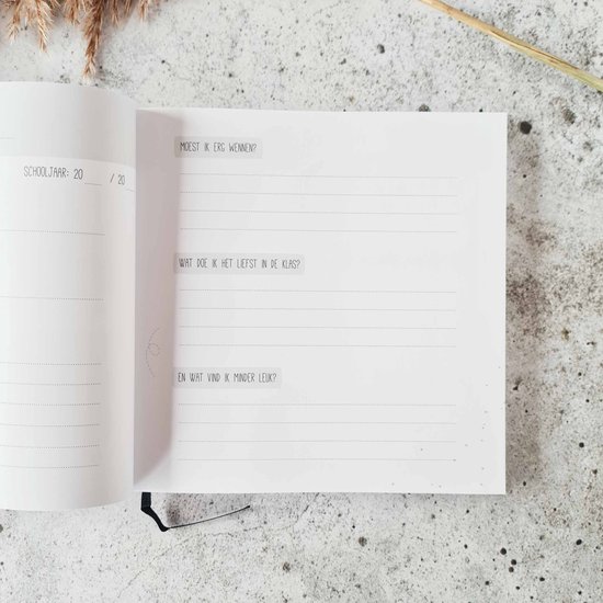 Open invulboek met vragen over school: 'Moest ik erg wennen?', 'Wat doe ik het liefst in de klas?', 'En wat vind ik minder leuk?'.