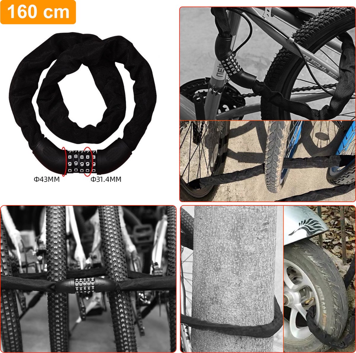 Colorful Sun® Fietsslot met cijferslot - 160 cm - 1 stuk - Kettingslot fiets- Motorslot - Fietssloten electrische fietsen - Fietsslot ketting - Cijfercombinatieslot - Slot met Code - Zwart – foto 5