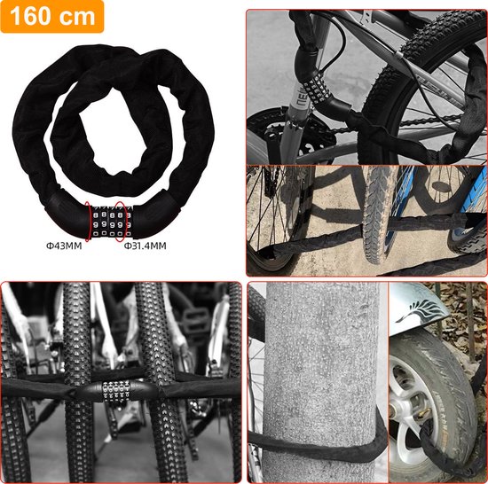 Colorful Sun® Fietsslot met cijferslot - 160 cm - 1 stuk - Kettingslot fiets- Motorslot - Fietssloten electrische fietsen - Fietsslot ketting - Cijfercombinatieslot - Slot met Code - Zwart van Colorful Sun® — afbeelding 5