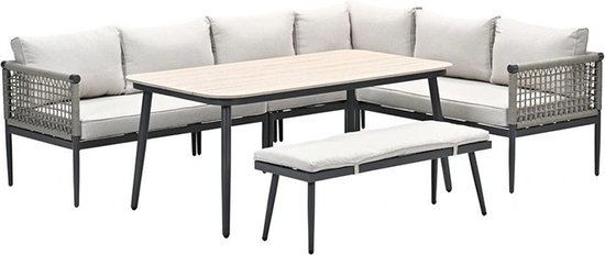 Garden Impressions Teramon lounge-diningset - 6-delig - carbon black - rope taupe -desert sand - light teak vironwood