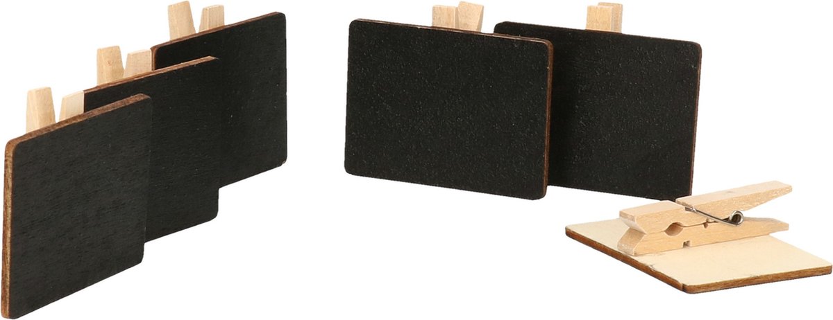 Houten mini krijtbordje op knijper - 48x stuks - rechthoek - 4.5 x 3.5 cm - schrijfbordje