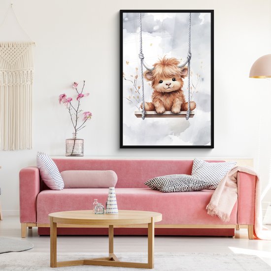 Poster in lijst - Fotolijst 80x120 cm - Posters - Schotse hooglander - Dier - Kinderen - Babykamer - Kinderkamer - Posterlijst zwart - Kamer decoratie - Wanddecoratie kinderkamer - Muurdecoratie babykamer