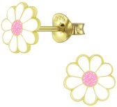 Joy|S - Zilveren Madelief bloem oorbellen - wit met glitter roze - 14k goudplating