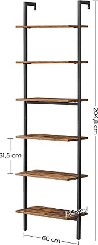 VASAGLE Industriele Ladderplank 6 Etages, Wandplank 15 kg Draagvermogen