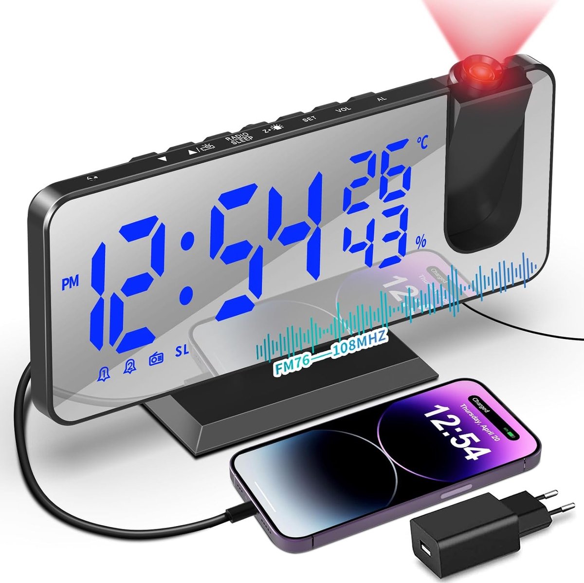 Wekkerradio Digitaal met Projectie - 4 Helderheidsniveaus - Dual Alarm - Temperatuurweergave - USB-poort - 180° Draaibare Projectie - FM-radio - Spiegeloppervlak