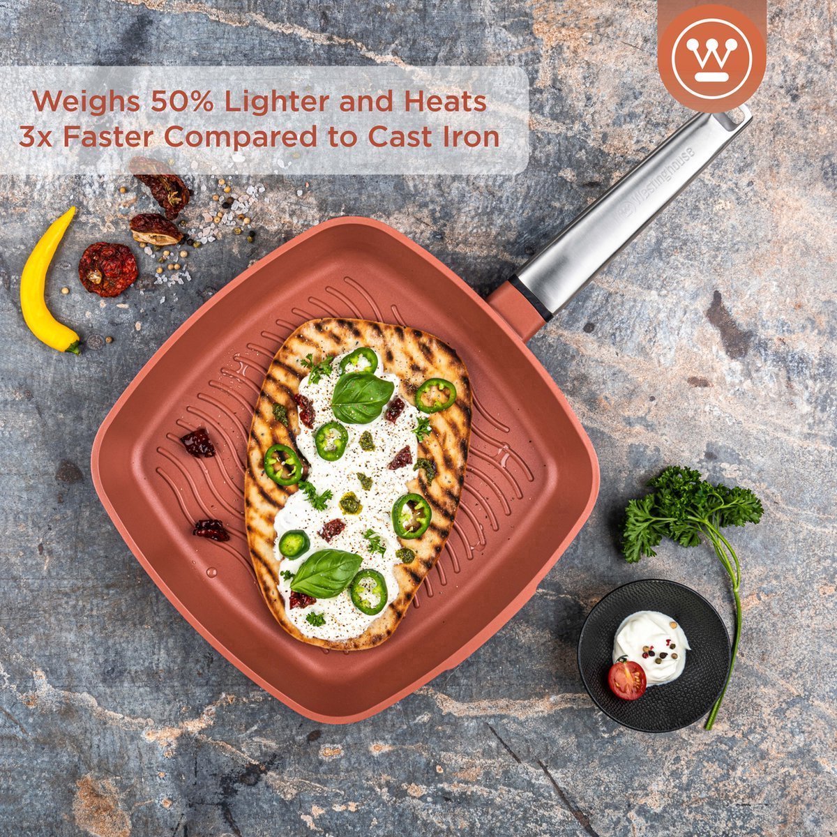 Westinghouse Performance 9-delige Pannenset – Koekenpannen + Braadpannen + Hapjespannen + Wokpan + Grillpan + Steelpan – PFOA-vrij – Inductie – Oranje – foto 3